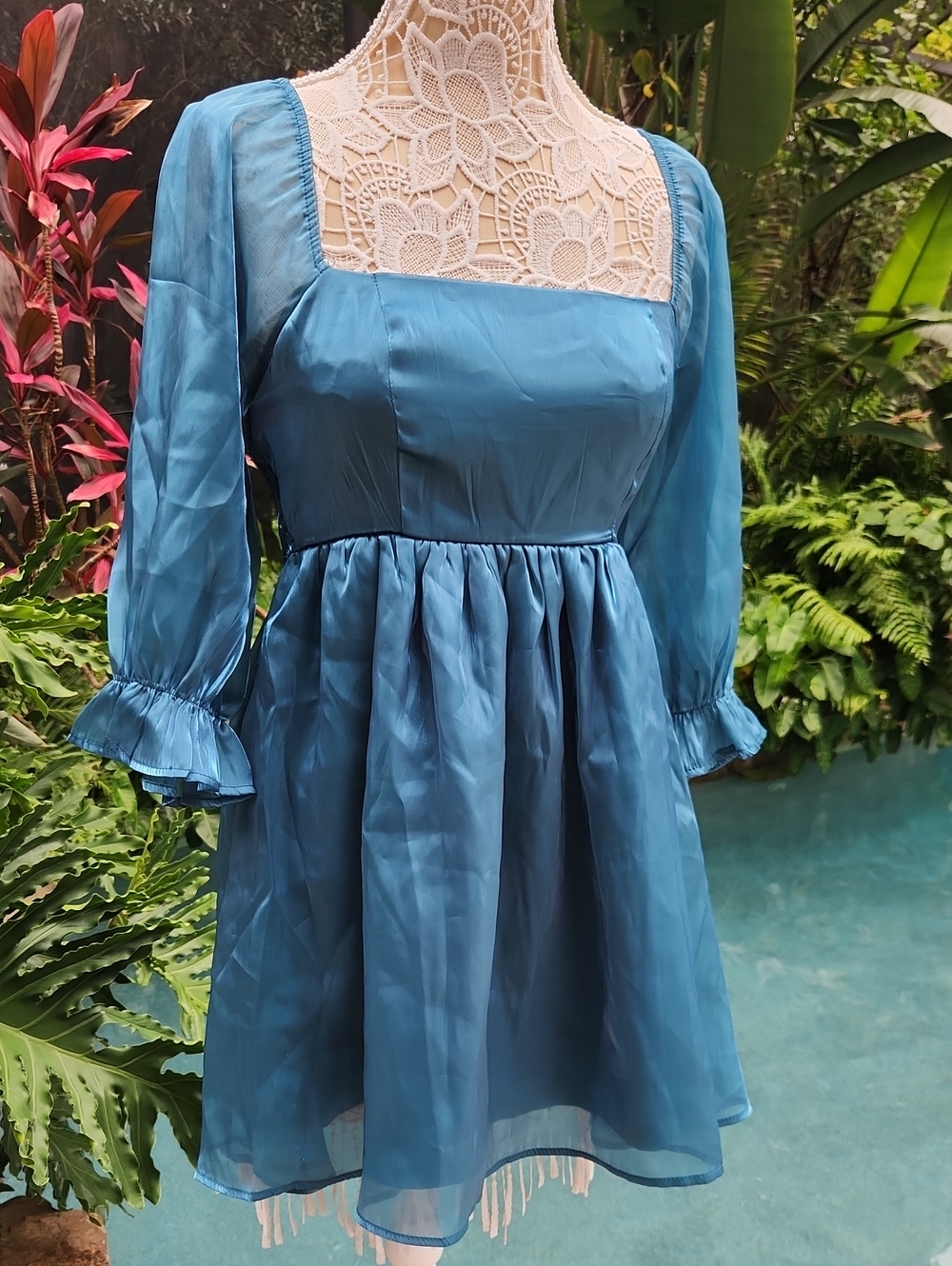 Teal Blue Square-Neck A-Line Dress